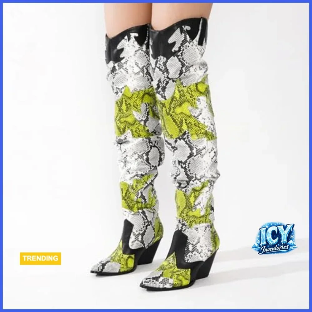 Thigh High Cowboy Boots with Chunky Heel - Faux Snakeskin Western Booties